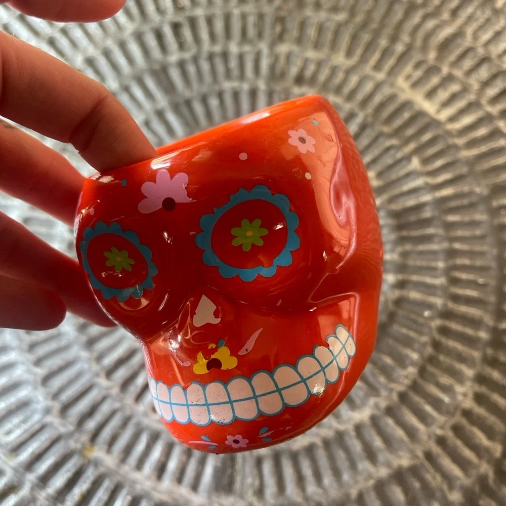 Small tealight holder or planter day of the dead skull Handpainted ceramic